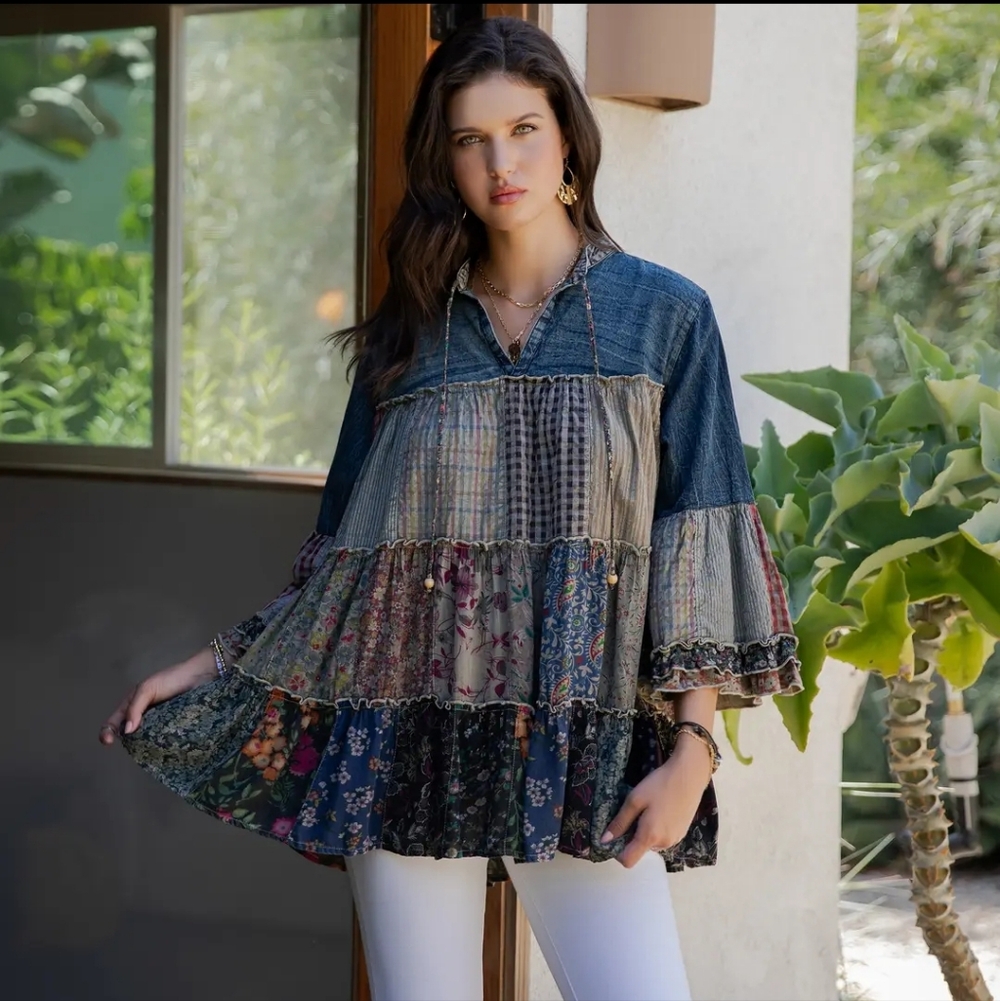 YT6 Bohemian Patchwork Denim Top